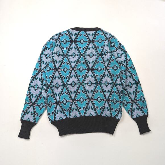 Vintage Center Aisle Sweater Adult Size Medium Blue Printed Geometric 80s Knit - Picture 3 of 4